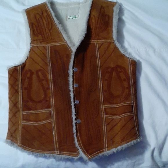 Vintage Western Suede Shearling‎ Vest Deer Cactus - Picture 1 of 8